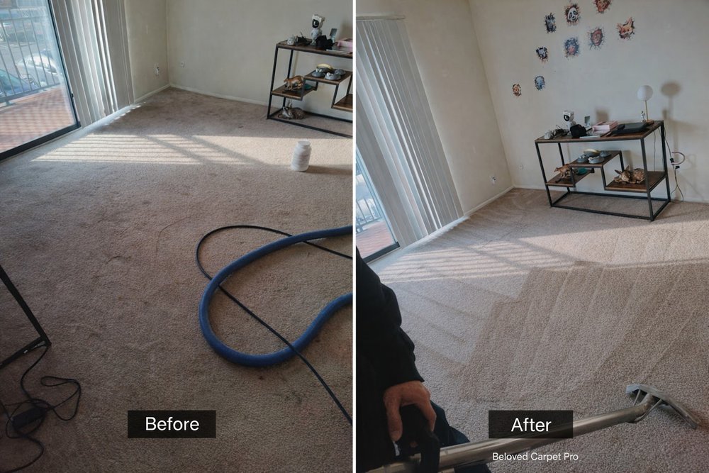 Before and after carpet cleaning in a living room