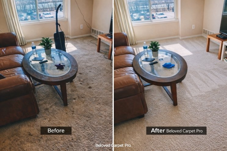 Before and after carpet cleaning with a coffee table